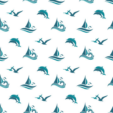 yacht seamless pattern with sea waves, gull and dolphin isolated on white background