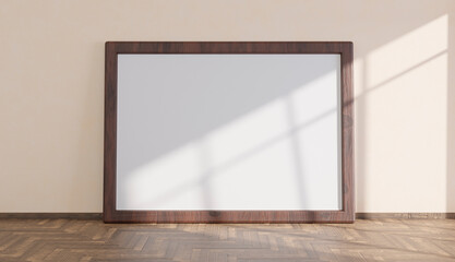 mockup with large wooden frame on parquet floor illuminated by the light coming through the window. 3d render