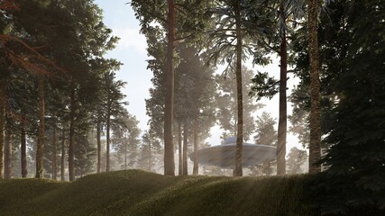 3d illustration. Contact with UFO in the forest
