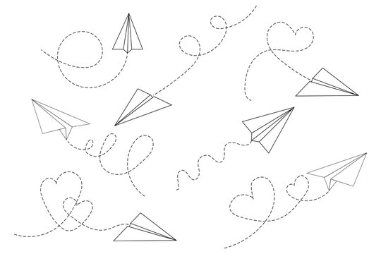 Set of paper airplane with heart . Flying airplane with dotted air route in heart. Hearted airplane path, flight air trace ,vector illustration in EPS 10.