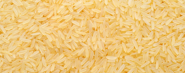 Rice. Long grain rice. Close up..Raw, uncooked Oryza sativa on black stone...