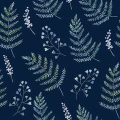 Fototapeta na wymiar Cute seamless pattern with watercolor painted ferns. Background inspired of forest nature.