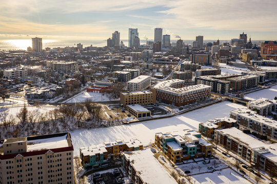 Drone image of Milwaukee WI featuring the Milwaukee River during winter. Taken Jan 28, 2021
