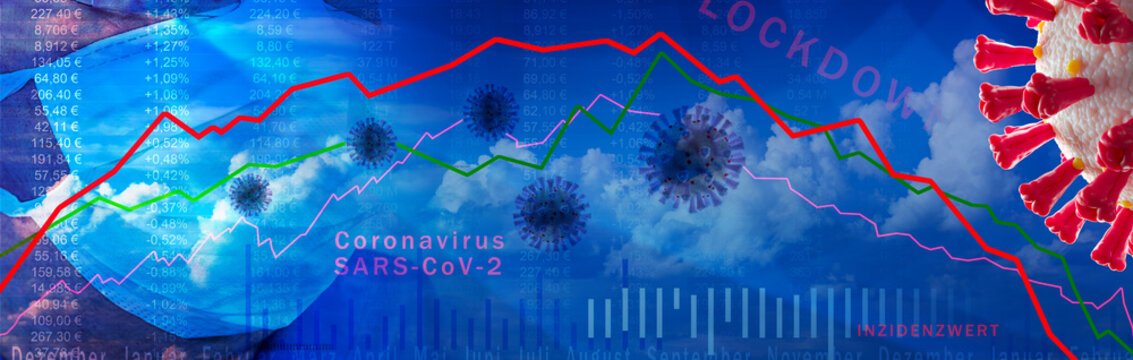 Covid-19 und die Börse. Coronavirus und die Auswirkung auf die Wirtschaft und den Aktienmarkt, Banner.