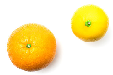 Orange and lemon citrus fruits on white background, top view.
