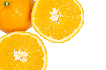 Top view of whole orange fruit and slices isolated on white background.
