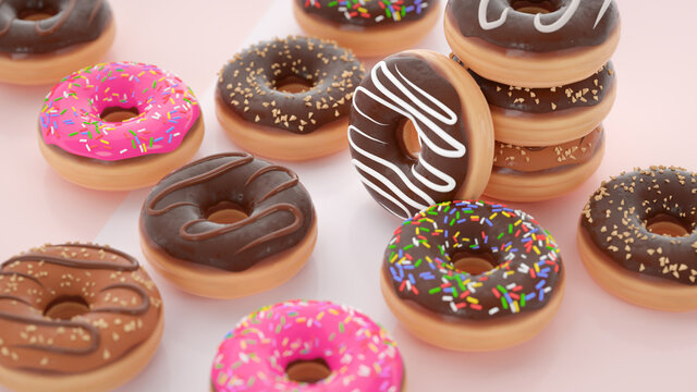 Sweet and colorful donuts lined up and stacked on a white background - 3D Rendering