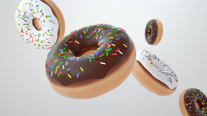 Flying doughnuts scene - mix of multi colored sweet donuts with sprinkle on white background. 3D Rendering