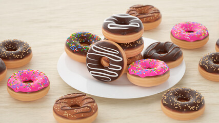 Donut scene - multicolored sweet donut mix with plate and sprinkle on white background. 3D Rendering