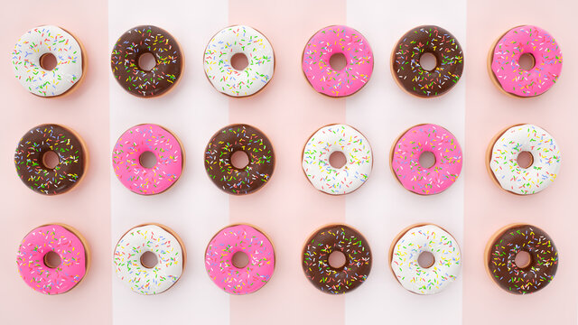 Set of yummy colorful pastel retro summer fashion donuts. 3D Rendering