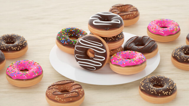 Donut scene - multicolored sweet donut mix with plate and sprinkle on white background. 3D Rendering