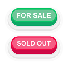 For Sale or Sold Out green or red 3D button in flat style isolated on white background. Vector illustration.