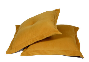 two yellow cushions for the sofa. isolated on white, copy space.