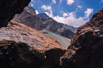 Rock formations on climbing spot in Cajon del Maipo, Andes Chain, Chile