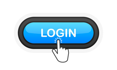 Login blue realistic 3D button isolated on white background. Hand clicked. Vector illustration.