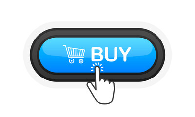 Buy blue realistic 3D button isolated on white background. Hand clicked. Vector illustration.