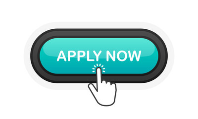 Apply Now green realistic 3D button isolated on white background. Hand clicked. Vector illustration.