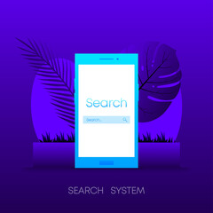 Search system on phone screen on dark gradient color. Browser window. Vector illustration.