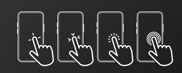 Hand Touch Screen Smartphone icons. Click on the smartphone. Line objects. Vector illustration.