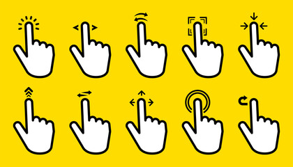 Hand Gesture Swipe big collection icons on yellow background. Vector illustration.