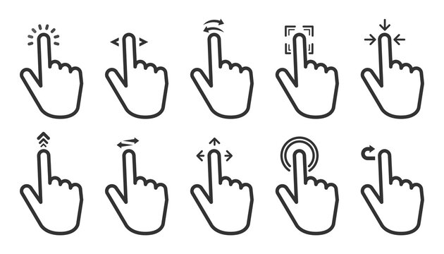 Hand Gesture Swipe Big Collection Icons On White Background. Vector Illustration.