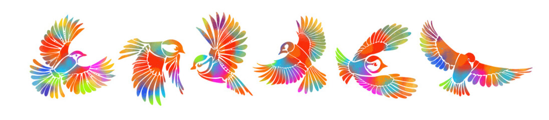 A multi-colored flying decorative birds. Set of rainbow stylized birds. Vector illustration