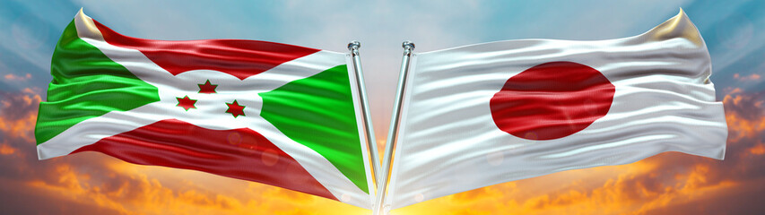 Fototapeta na wymiar Japan Flag and Burundi flag waving with texture sky Cloud and sunset Double flag