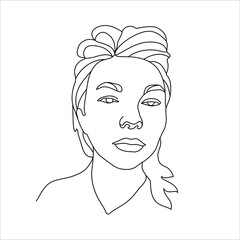 Outline drawing of face and hairstyle, fashion concept, woman beauty minimalist. Attractive young woman. Linear Art. Black and white vector illustration.