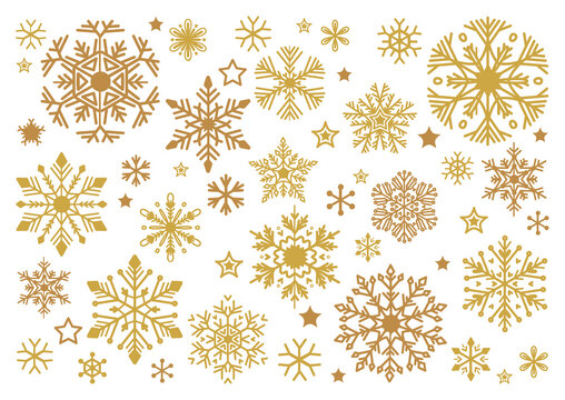 Golden snowflakes set. Elegant Christmas snow crystal collection in flat style. Isolated ornament, new year toy over white background. Vector Xmas cartoon design elements