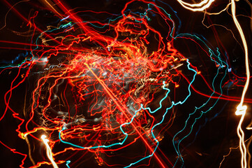 Light tracks of city lights and car headlights