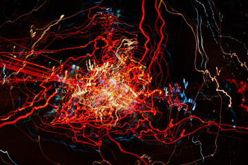 Light tracks of city lights and car headlights