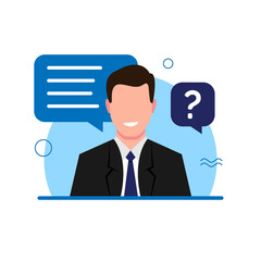 a man confidently answers interview question concept illustration flat design vector eps10. simple and modern style graphic element for infographic, landing page, empty state app or web ui