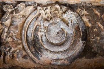 Aihole, Karnataka, India - November 7, 2013: Durga Gudi or Temple. Detail of Mandapam ceiling...