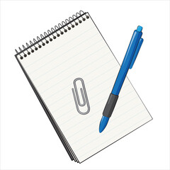 Paper notebook with paperclip and blue plastic pen on a white background. Stationery stuff.