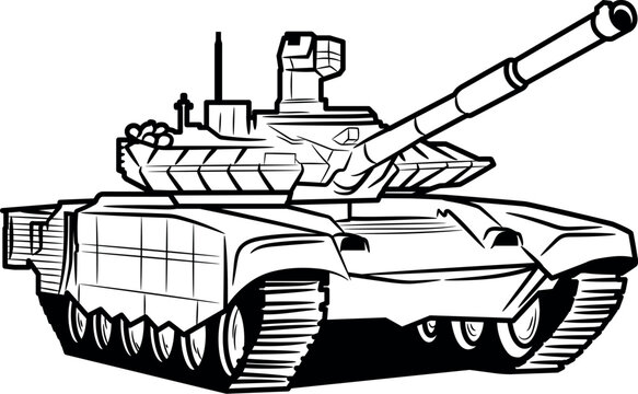 A huge tank with a raised muzzle.  Isolated on a white background.  Tank illustration for coloring.Illustration in ink hand drawn style.
