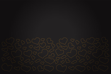 Gold hearts on a black background. Modern abstract luxury Template in Romantic style for wedding, Valentine's day, card, cover, etc. Vector illustration.