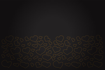 Gold hearts on a black background. Modern abstract luxury Template in Romantic style for wedding, Valentine's day, card, cover, etc. Vector illustration.