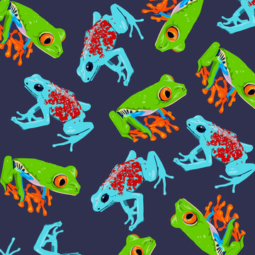 Pattern of tropical frogs on a dark background.Exotic pattern