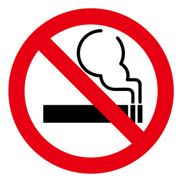 Flat image of a smoking cigarette in a crossed-out circle.  Isolated on white background. No smoking sign