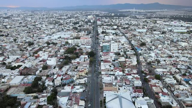 Aerial sunset shot in San Luis Potosi Mexico Carranza avenue
