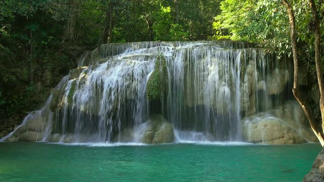 One of the waterfalls of the Erawan cascade in Kanchanaburi province, Thailand, 4k