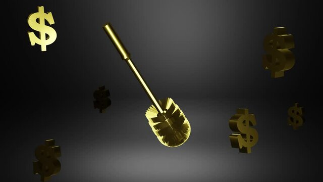 Rotating gold toilet brush and dollar signs on a black background. Excessive luxury concept, 3D rendering