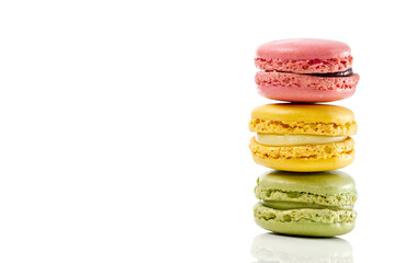 Macaron. Traditional french colorful macarons close up, macro isolated on white