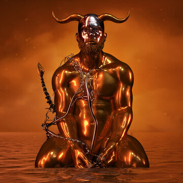 3D STRONG DEMON SATAN MAN, DARK RENEGED WATER GOLD