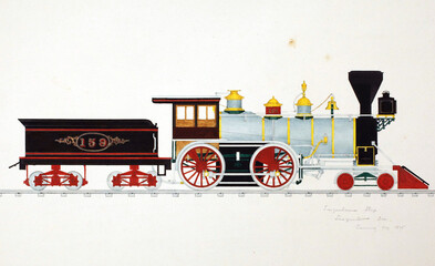 Black locomotive with wheels on the rails on the white background - 19th century railroad