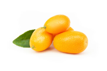 Fresh ripe kumquat fruits isolated on white background, fortunella margarita