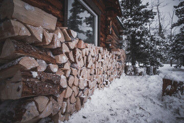 A wooden cabin in a snowy winter landscape