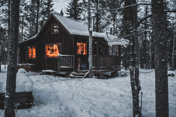 A wooden cabin in a snowy winter landscape