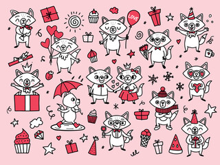 Doodle funny foxes. Happy cartoon characters for valentine day.