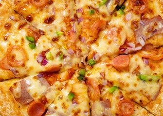 top view fresh pizza with bacon toppings close up